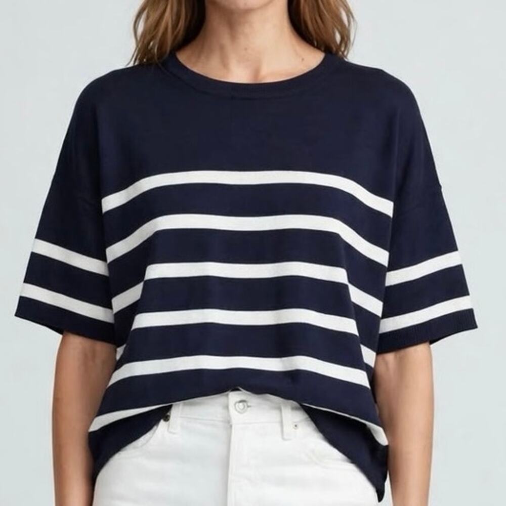 Bobeau Sweater Womens XL Navy White Stripe Keyla Short Sleeve Crew Neck NWT